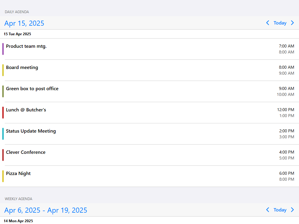 Event listing for day, week, month and year. Navigate with arrows and display single and multi-day events.