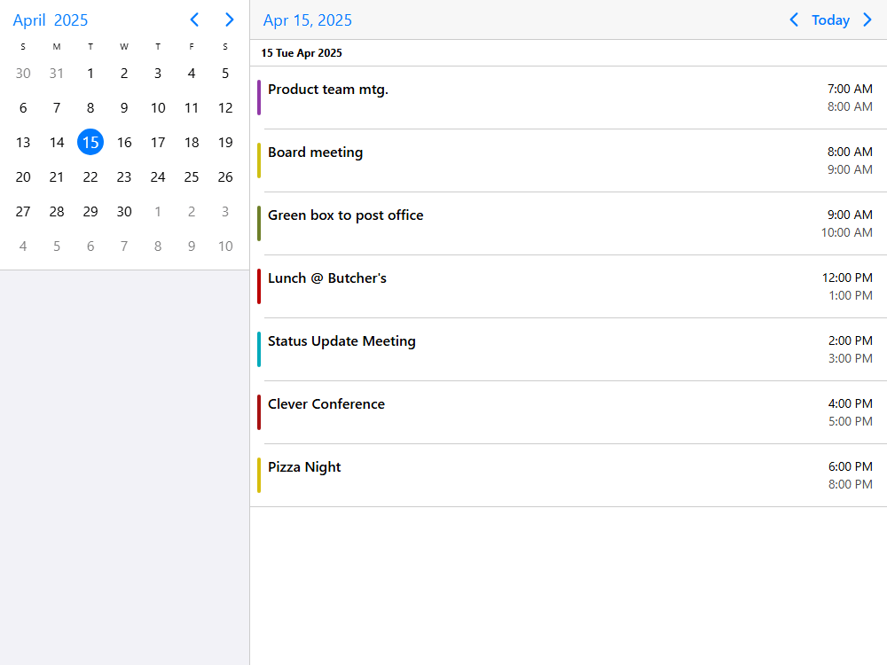 Agenda view, event listing with small external date picker for navigation. Side-by-side rendering.