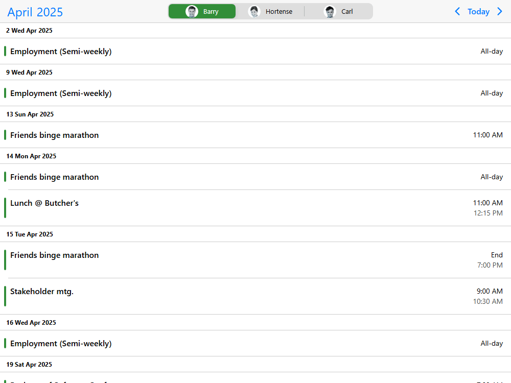 Mobiscroll Agenda In-header filtering Event listing with assignee filtering. Add custom controls to the header for added functionality and custom UX.