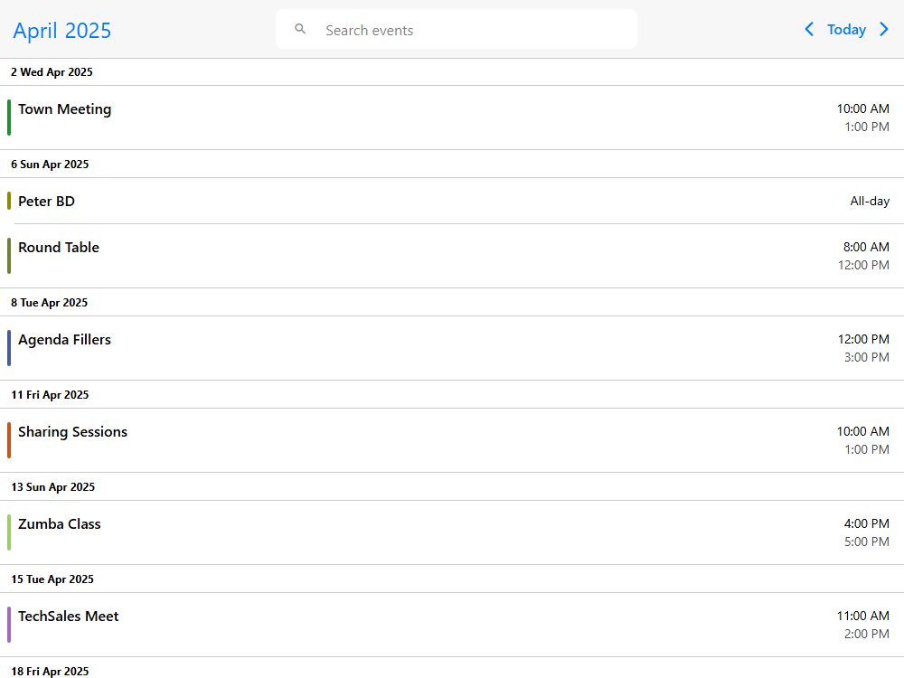Mobiscroll Agenda Event search with popup Agenda with event searching capability. Add a search box to the header of the calendar.
