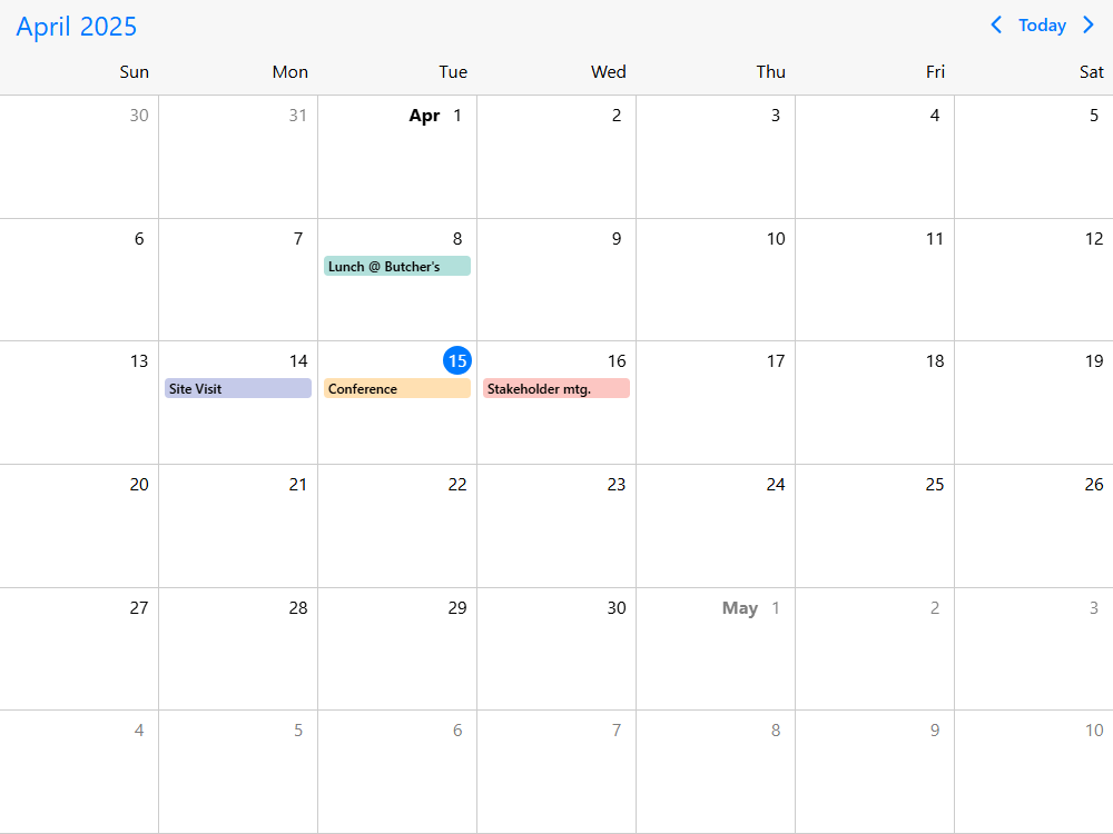 Mobiscroll Calendar Add/edit/delete events Event calendar with CRUD functionality. Drag & drop with add/edit dialogs, event color & custom fields.