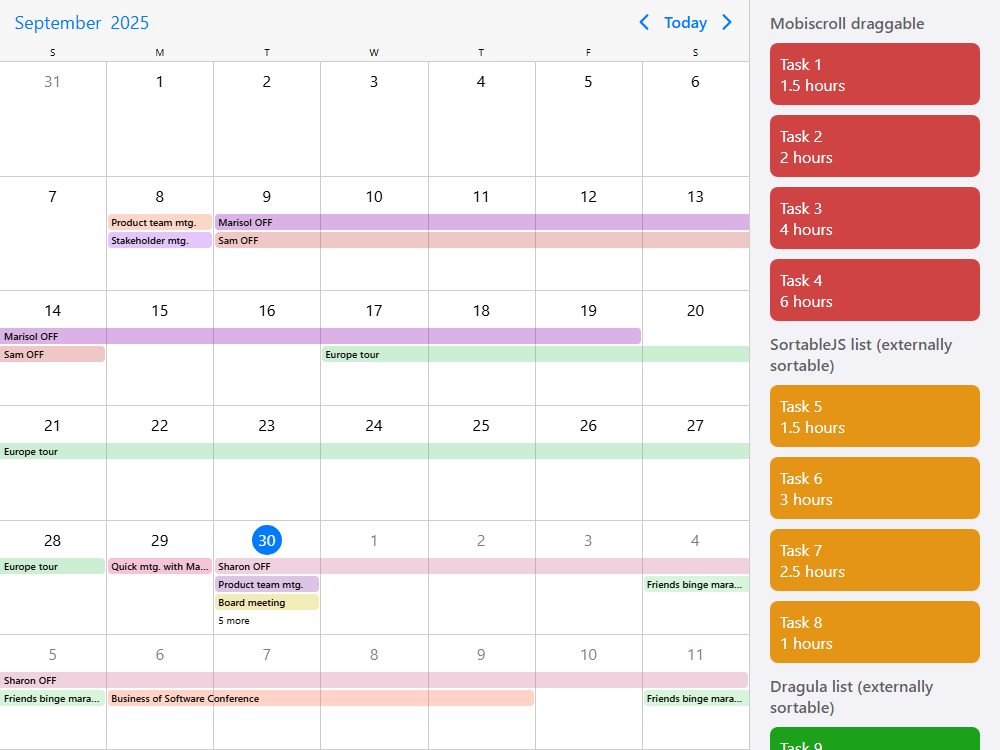 Drag & drop events from and to external lists or reorder Sortable and Dragula Js lists in the event calendar view.