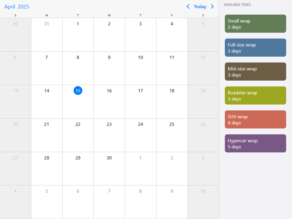 Mobiscroll Calendar External d&d presets Event calendar with external preset tasks. Create events by dropping predefined jobs onto the calendar.