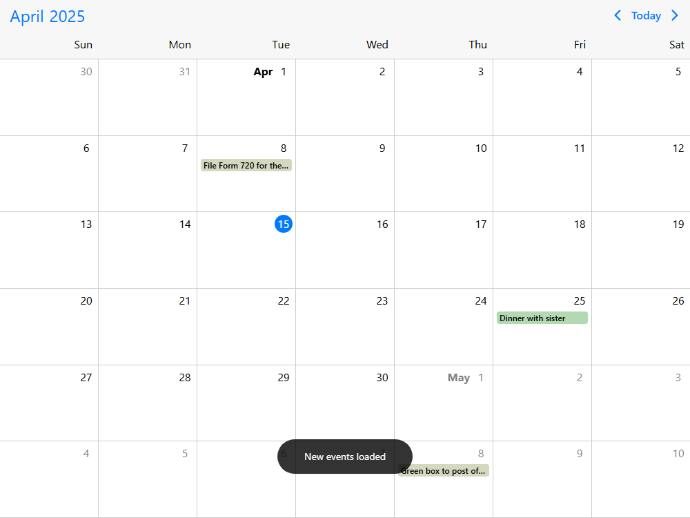 Mobiscroll Calendar Loading events on demand Event calendar with dynamic data. Load events on demand with month change from an external JSON API.