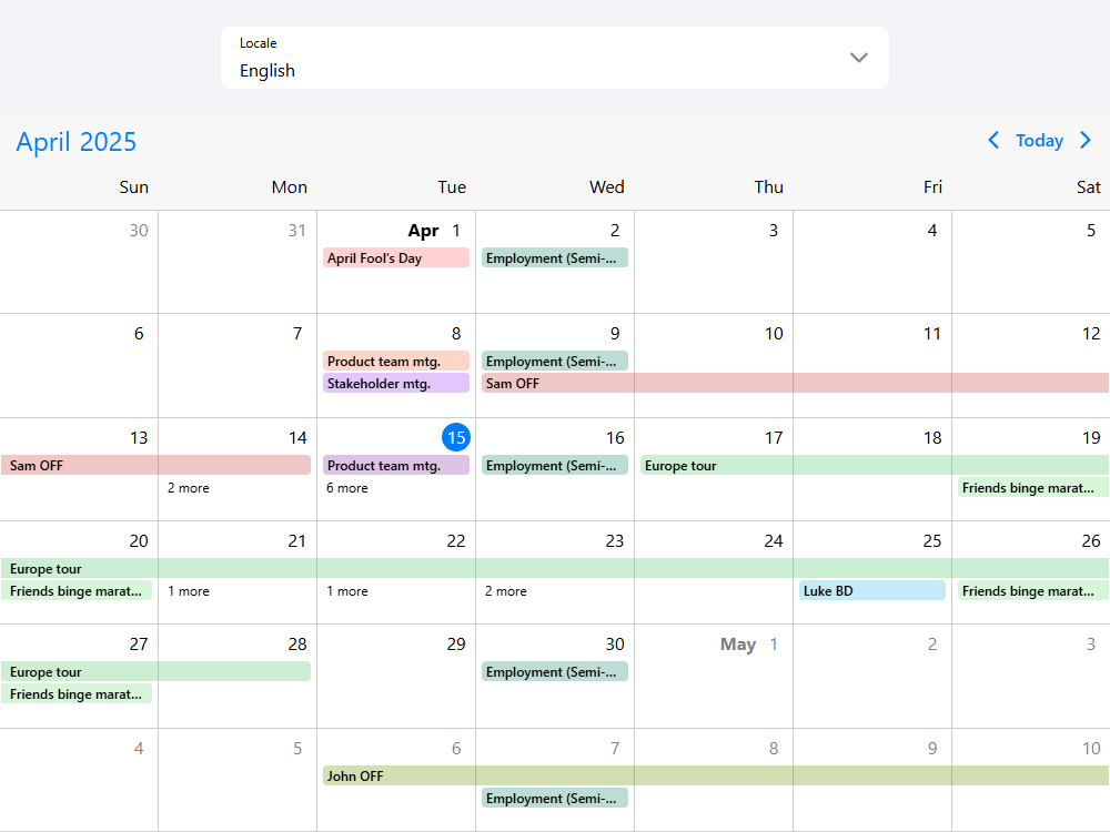 Event calendar localization example supporting 37 languages, date, time formats with full RTL capability.