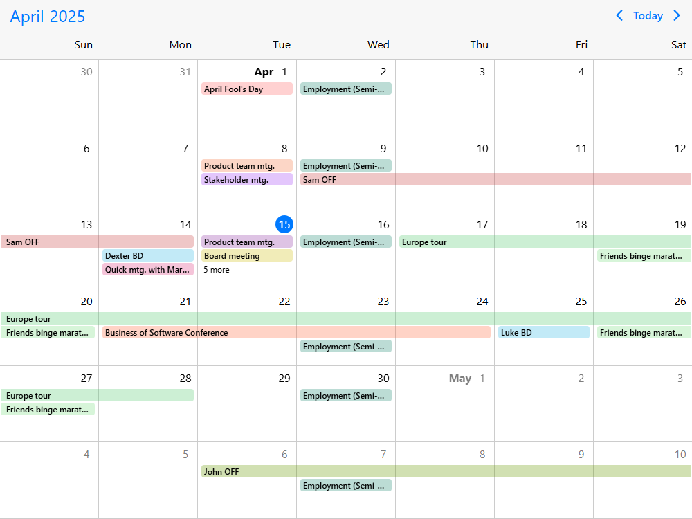 Mobiscroll Calendar Print mode Event calendar optimized for printing and PDF export. Print it individually or add it to your pages.