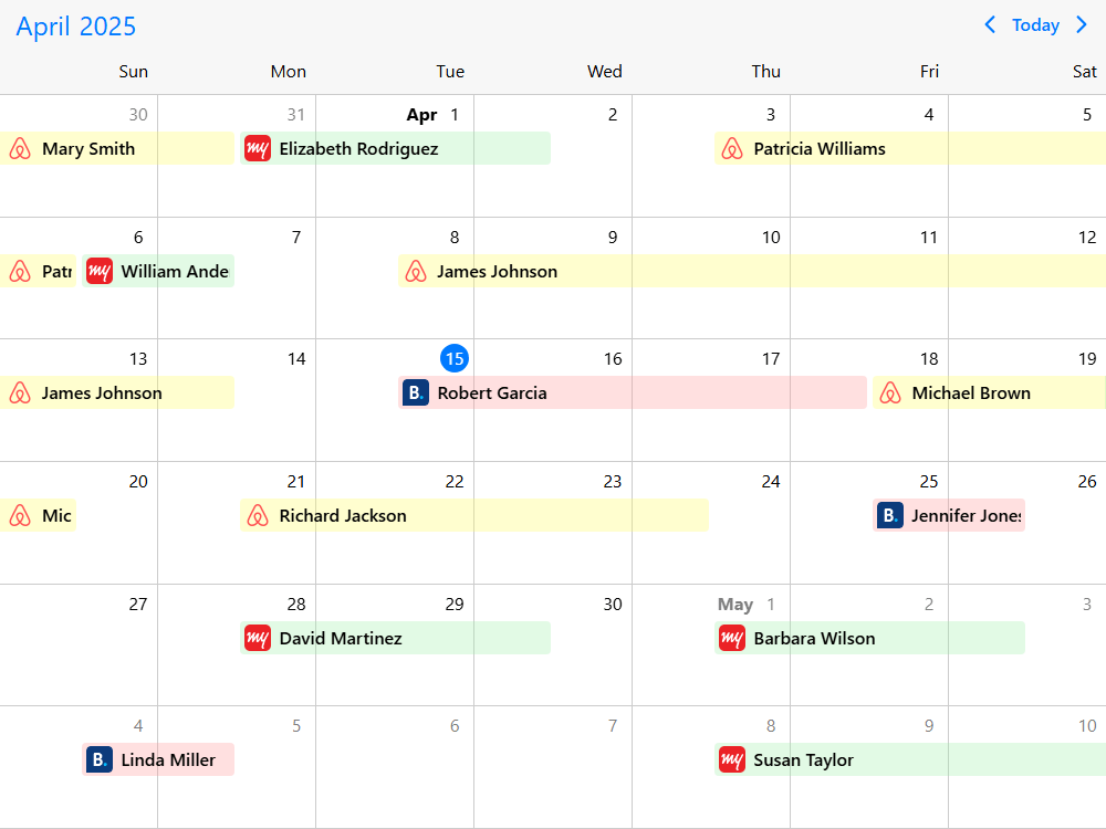 Event calendar for viewing accommodation bookings from different sources, starting and ending midday, rendered with exact time positioning.