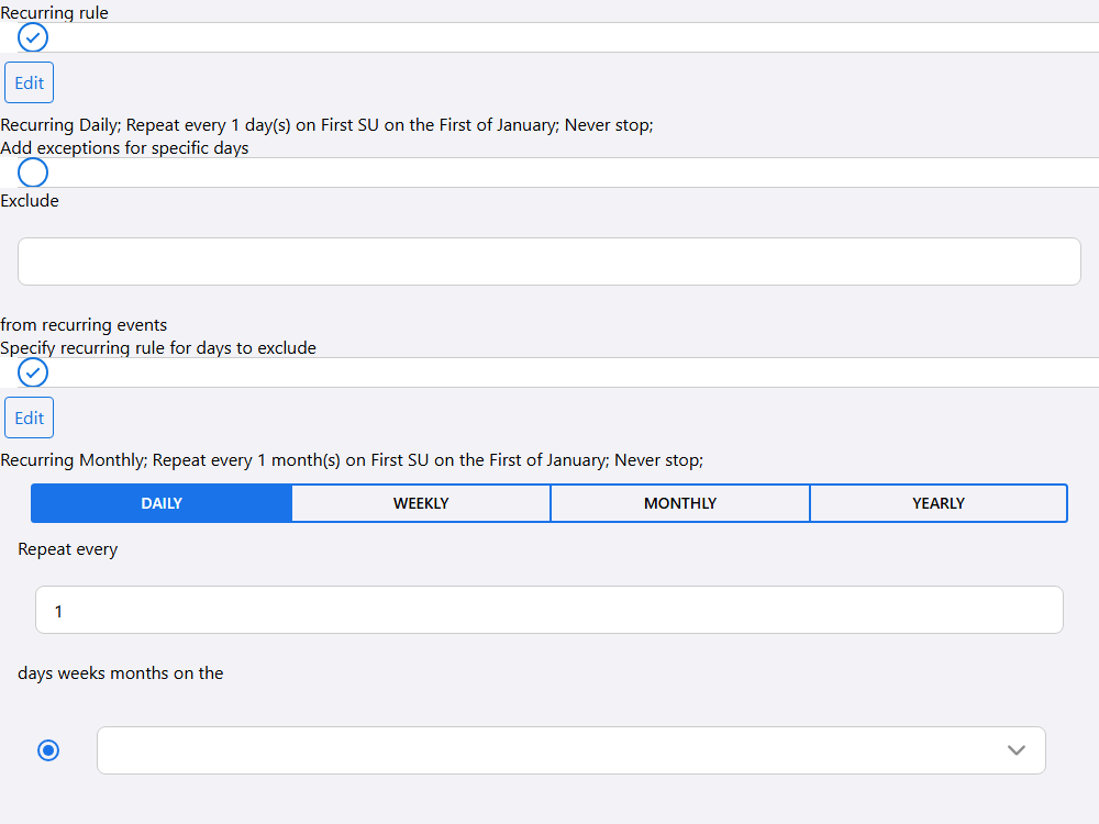 Mobiscroll Calendar Recurrence rules Understand how to work with recurring events in the event calendar. Use the recurrence rule generator.