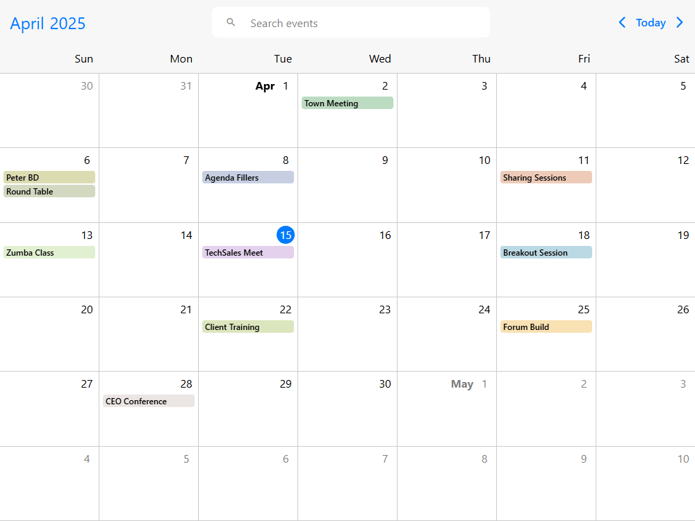 Mobiscroll Calendar Event search with popup Event calendar with in-header search, templating and advanced customization.