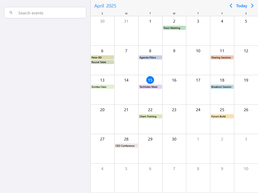 Event calendar with side-by-side search box, event listing and advanced customization using a two pane layout.