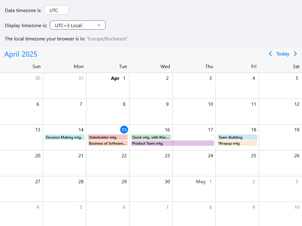 Mobiscroll Calendar Timezones Event calendar with data and display timezone. Set the timezone your data is in and display events in any timezone.