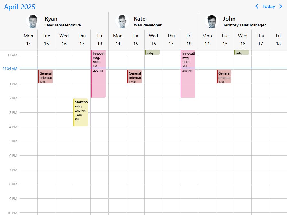 Event calendar time grid with custom resource template for formatting the header content.