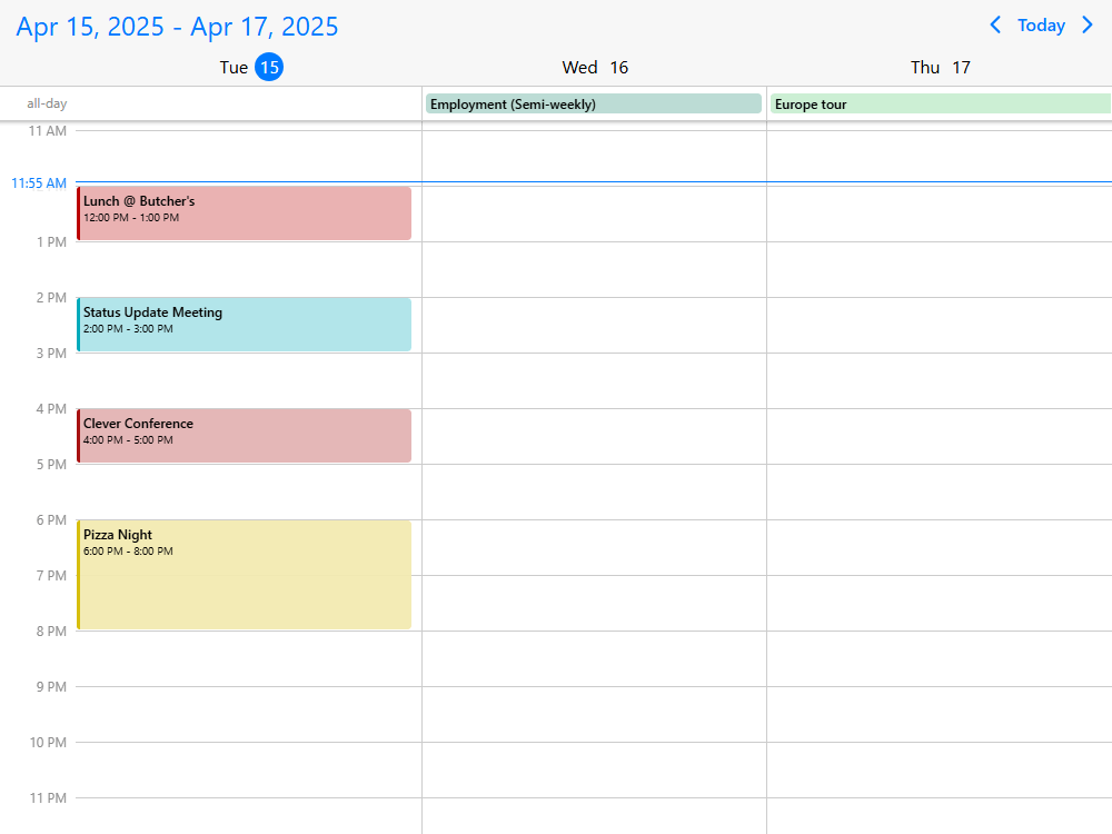 Scheduler with continuous multi-day and multi-week views. Set up a custom scrollable range.