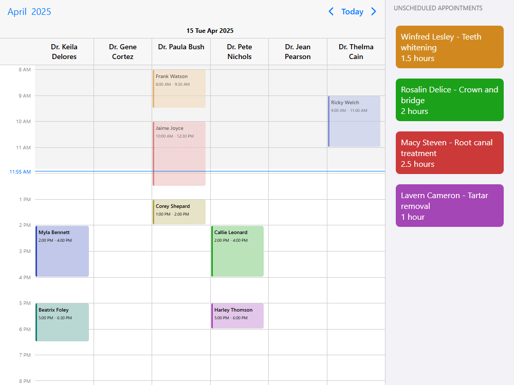 Mobiscroll Scheduler Doctor’s appointment Doctor’s appointment scheduling calendar for multiple resources with scheduling & unscheduling.