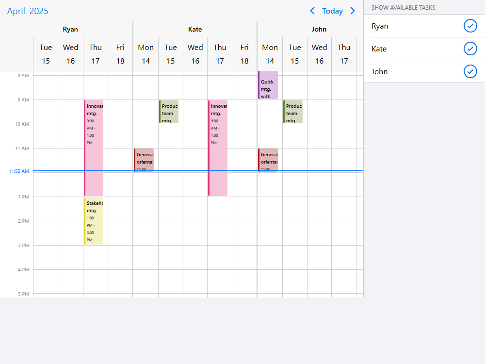 Event calendar with a checklist for turning resources dynamically on/off. Show hide resources in real-time.