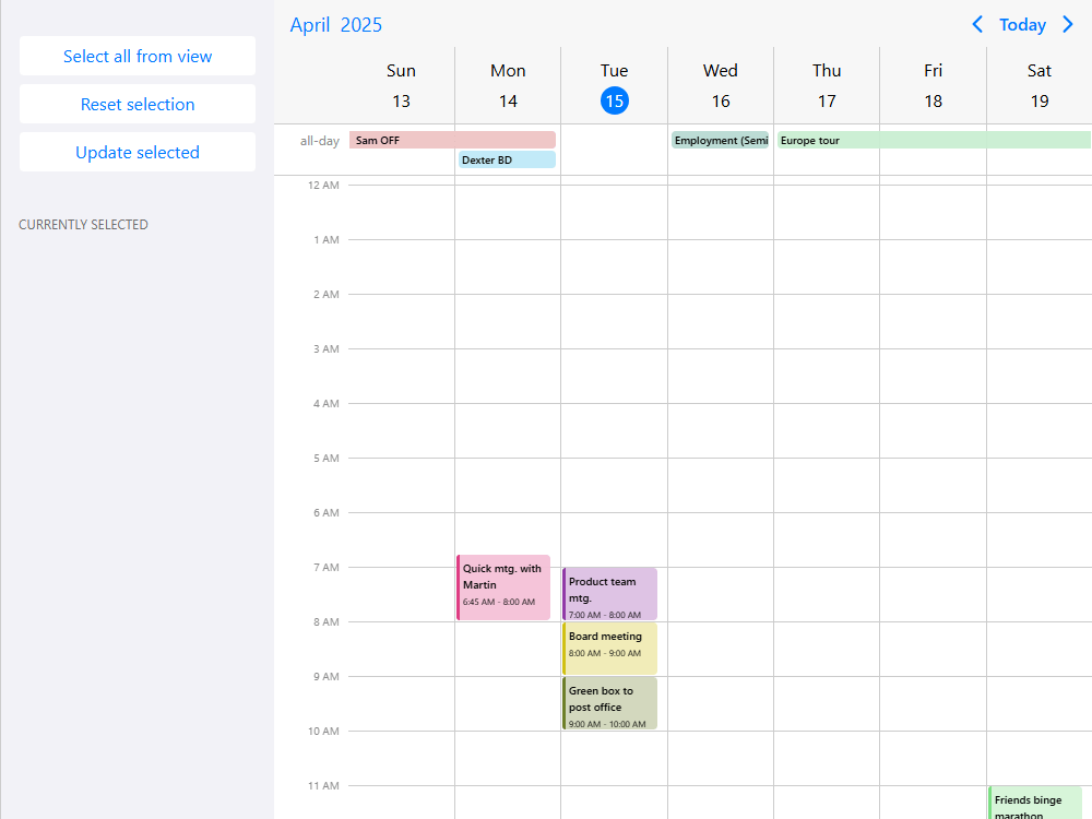 Mobiscroll Scheduler Multiple select & bulk operations Scheduler with multiple event selection and bulk operations. Update, delete with buttons or context menu.