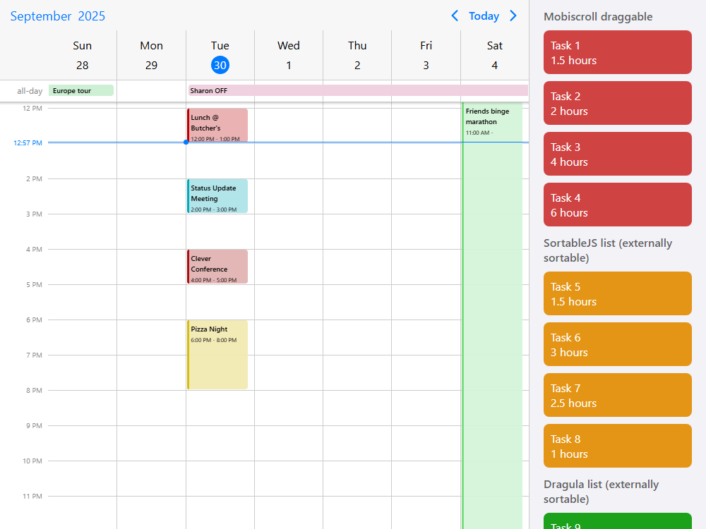 Drag & drop events from and to external lists or reorder Sortable and Dragula Js lists in the scheduler.