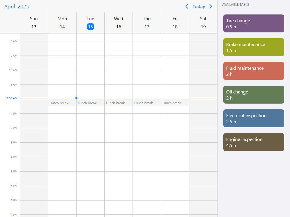 Mobiscroll Scheduler External d&d presets Scheduler with external preset tasks. Create events by dropping predefined jobs onto the scheduler.