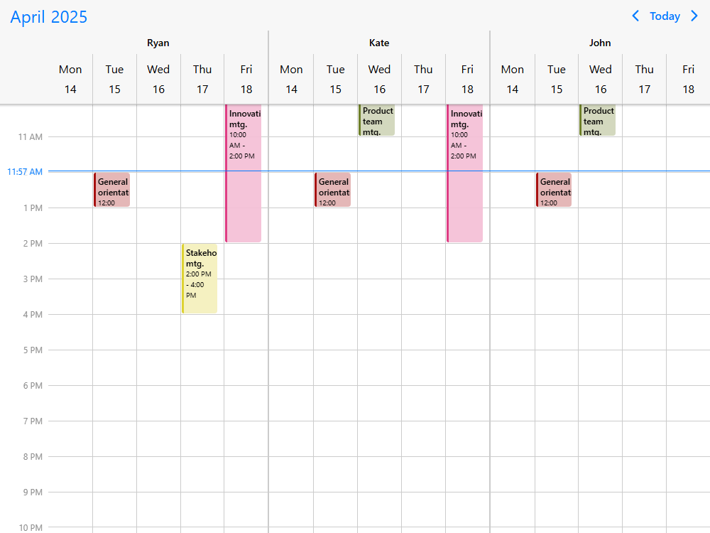 Event calendar with multiple resources and shared events. Show schedules of multiple people in the same calendar.