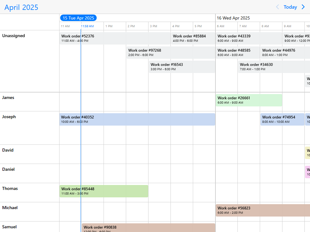 Timeline view with fixed top row for unassigned work. Drag work orders vertically to resource for assignment. With advanced drag & drop control.