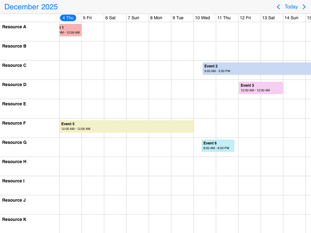 Visualize and manage multiple resources in a monthly timeline. Offer a clear, scrollable month view for long-term planning.