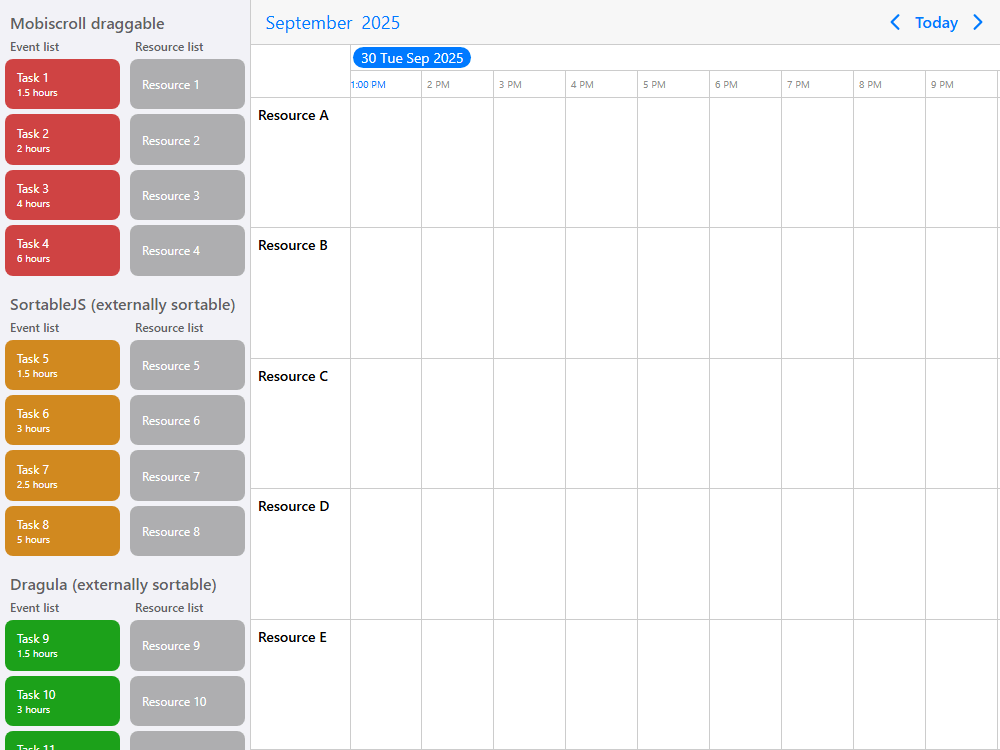 Drag & drop events and resources from and to external lists or reorder Sortable and Dragula Js lists in the timeline/gantt.