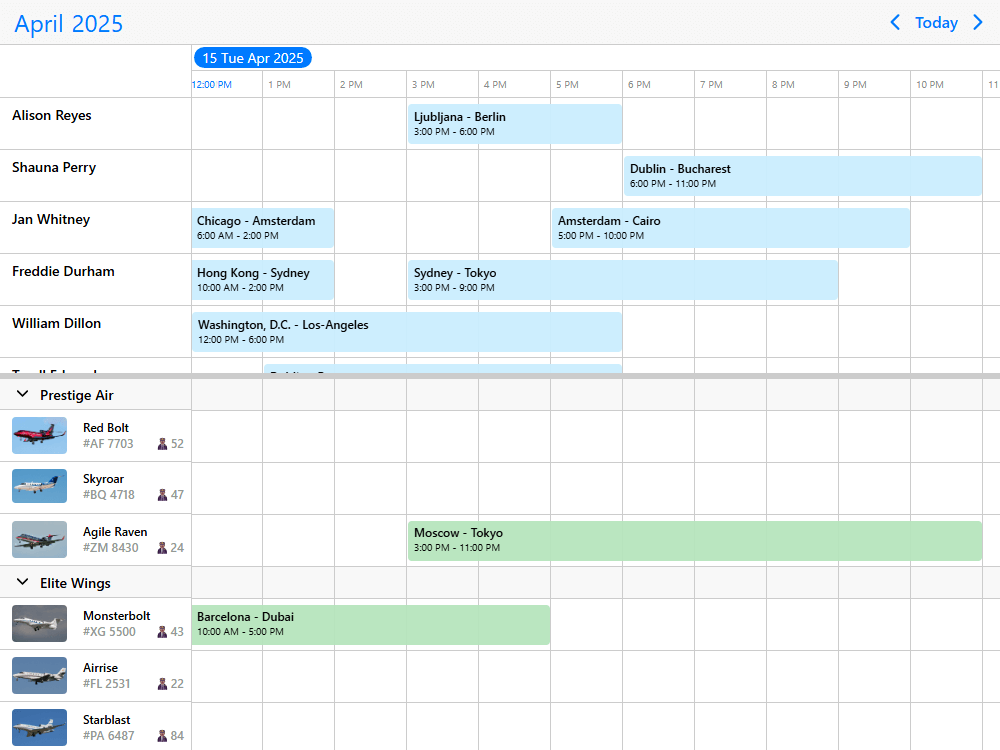 Mobiscroll Timeline Flight scheduling with two timelines Timeline for scheduling flights. Render two synchronized timelines with drag & drop between instances, advanced validation and visual feedback.