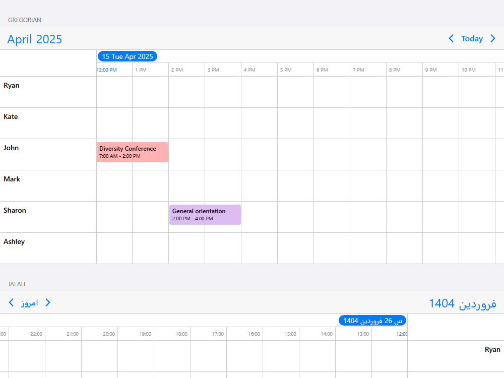 Mobiscroll Timeline Calendar systems Timeline with Gregorian, Hijri and Jalali system supporting different language and culture settings.