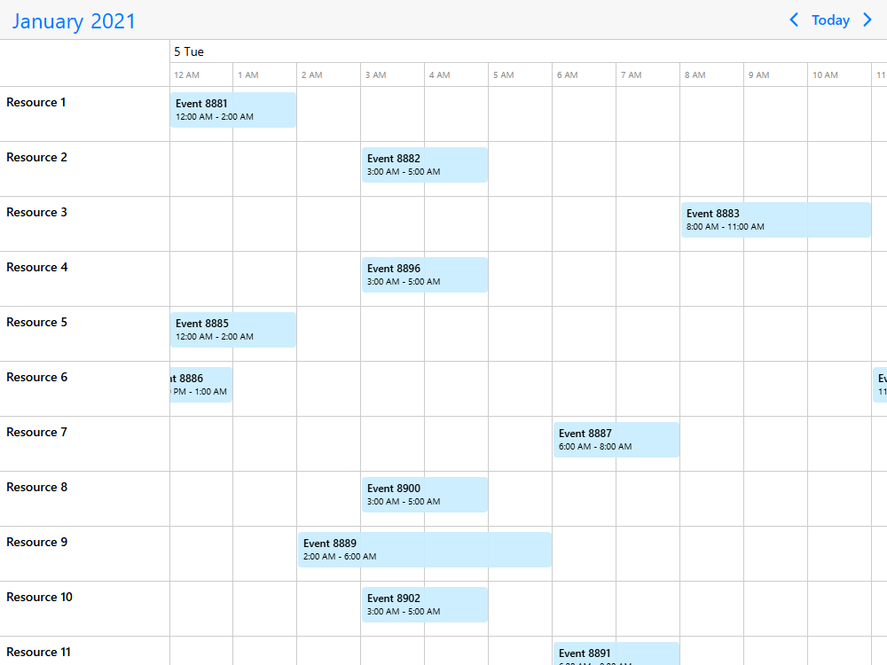 Mobiscroll Timeline Loading resources on scroll Timeline and resource management with virtual scrolling and long resource list. Load resources on demand on scroll.