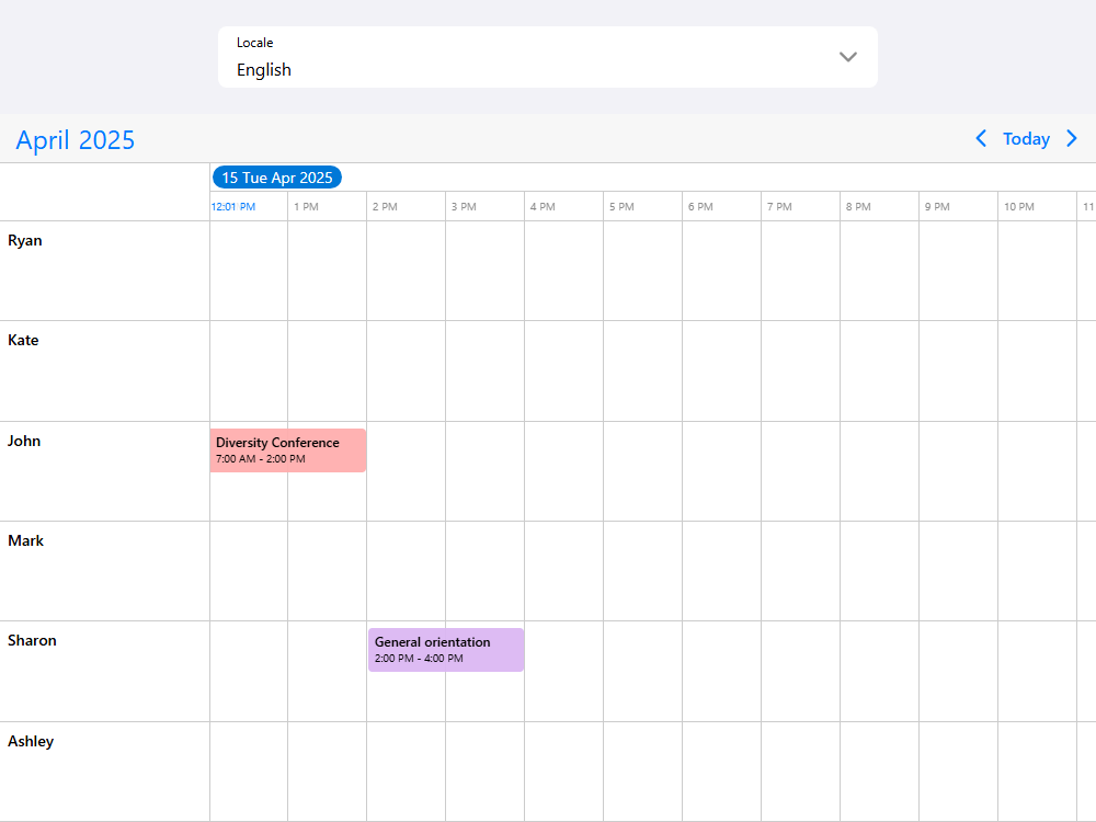 Mobiscroll Timeline Localization Timeline localization example supporting 37 languages, date, time formats with full RTL capability.