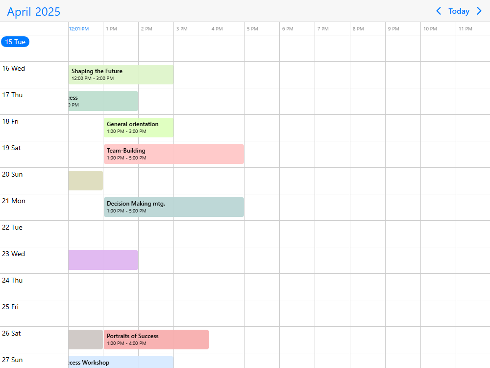 Mobiscroll Timeline Single resource timetable Monthly timetable for a single resource with days listed vertically and 24 hours rendered horizontally.