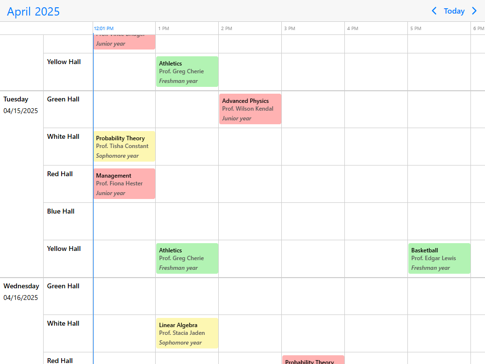 Mobiscroll Timeline Multiple classroom scheduling Multi-classroom schedule editor, class scheduler. View and create weekly classes across multiple rooms.