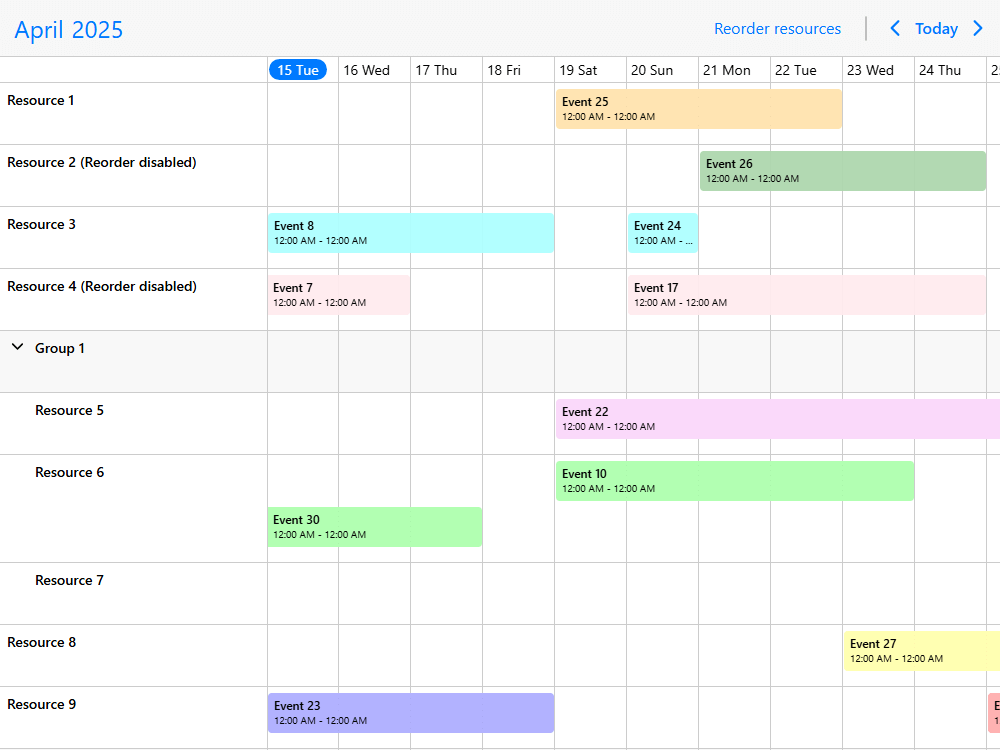 Mobiscroll Timeline Resource reorder with d&d Timeline, planner and resource management with live resource drag & drop for reordering rows.
