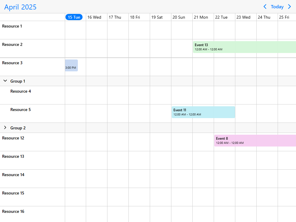 Mobiscroll Timeline Resource grouping & hierarchy Event calendar timeline with resource grouping and multi-depth hierarchy. Collapse-expand groups of resources.