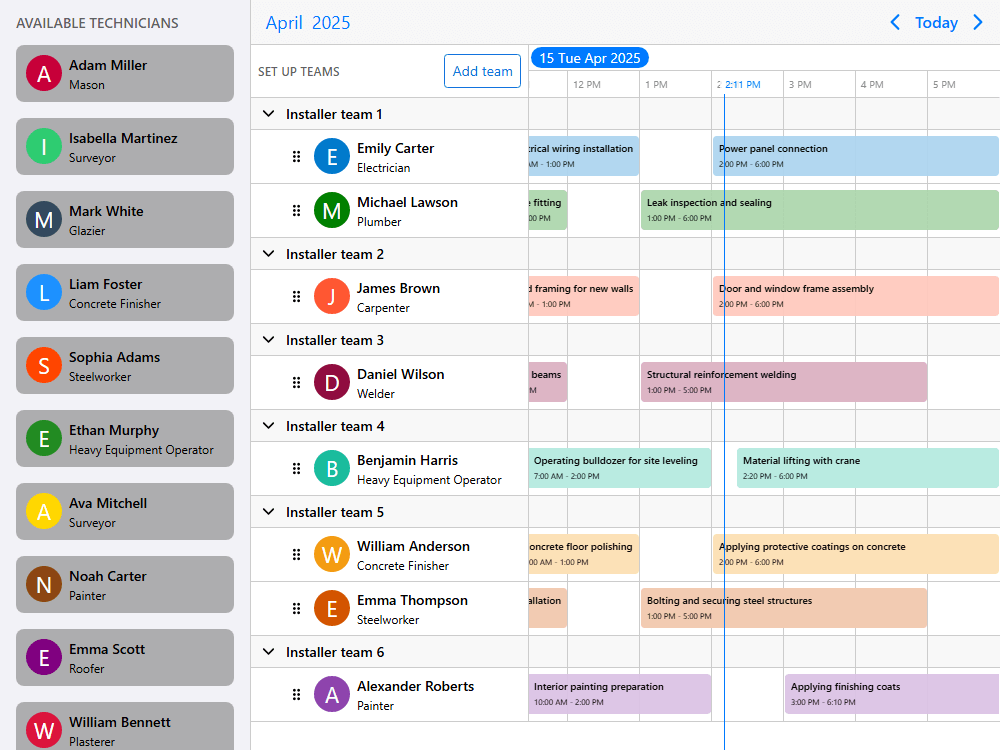 Mobiscroll Timeline Set up custom teams Scheduler for FSM. Create and schedule teams, jobs on the fly with drag & drop.