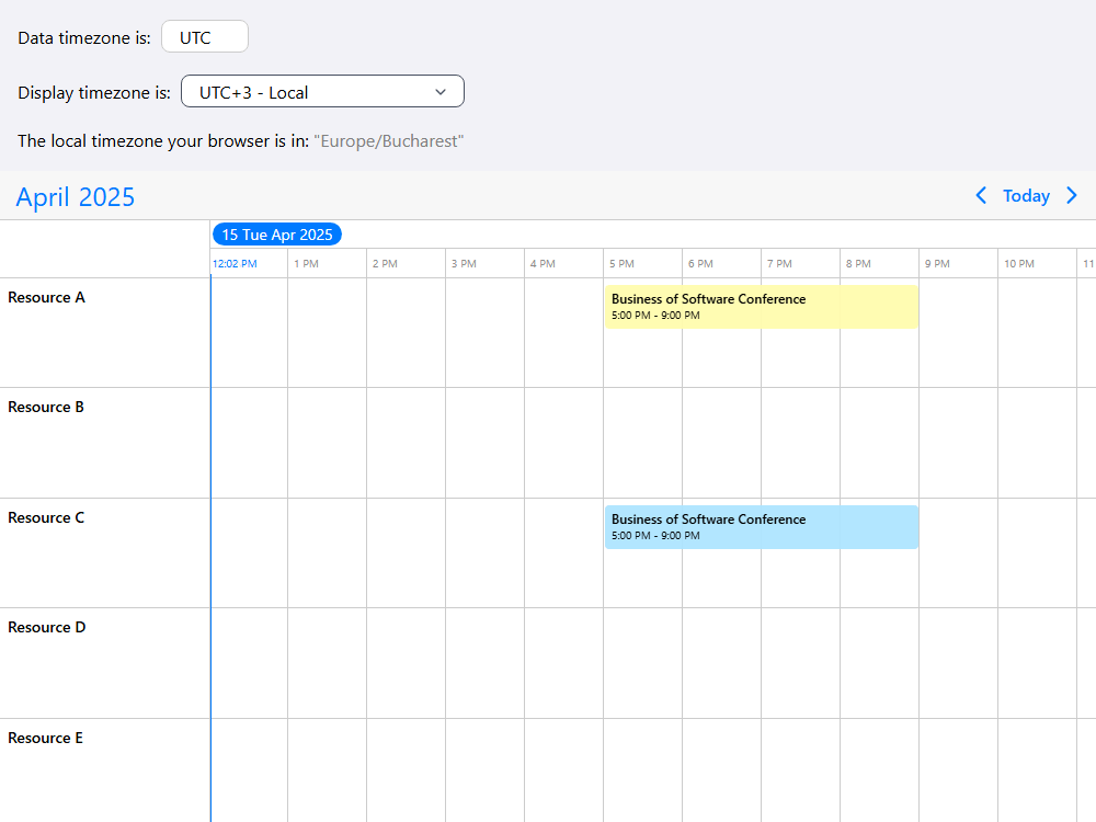 Mobiscroll Timeline Timezones Timeline with data and display timezone. Set a timezone the data is in and display events in any timezone.