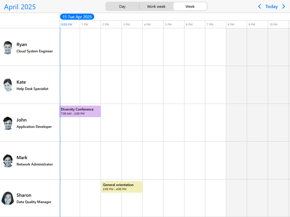 Mobiscroll Timeline Day, week, work week Event calendar timeline with resources and day, week, work-week views. Dynamically change the views and resolution.