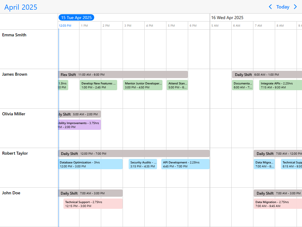 Task scheduler timeline with shift and underlying task rendering. Dynamically adjust and validate interactions.