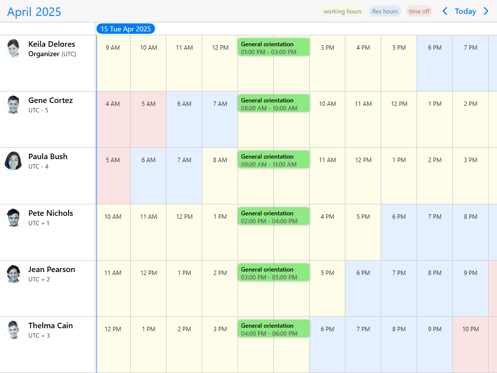 Mobiscroll Timeline Meeting planner across timezones Team meeting planner/scheduler UI. Set up meetings across multiple timezones with validation for availability.