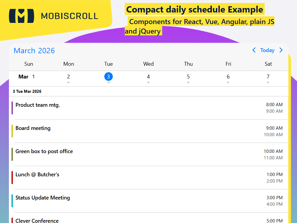 Build a compact daily schedule with. View and manage day events within a weekly calendar layout.