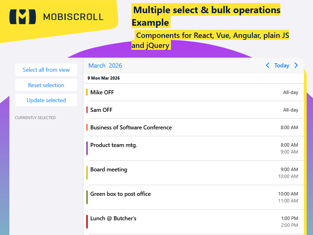 Manage multiple events at once in your Agenda. Select several items and perform bulk actions like edit, delete, or custom updates.