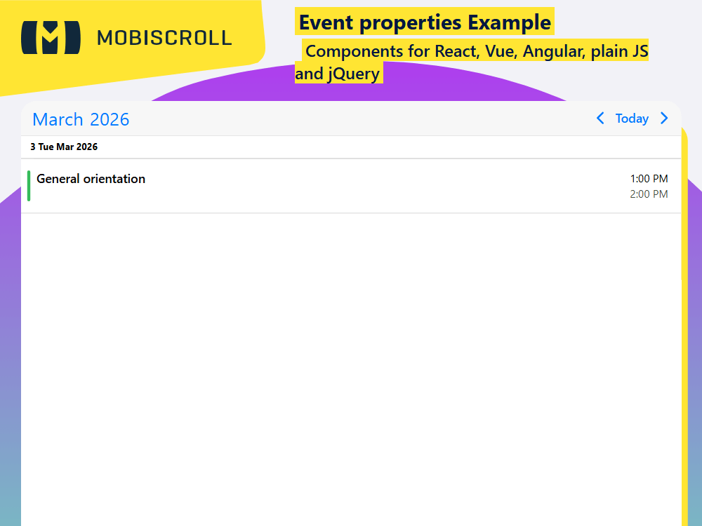Define event data in the Agenda. Explore base properties, structure, and custom fields used to create and manage calendar events.