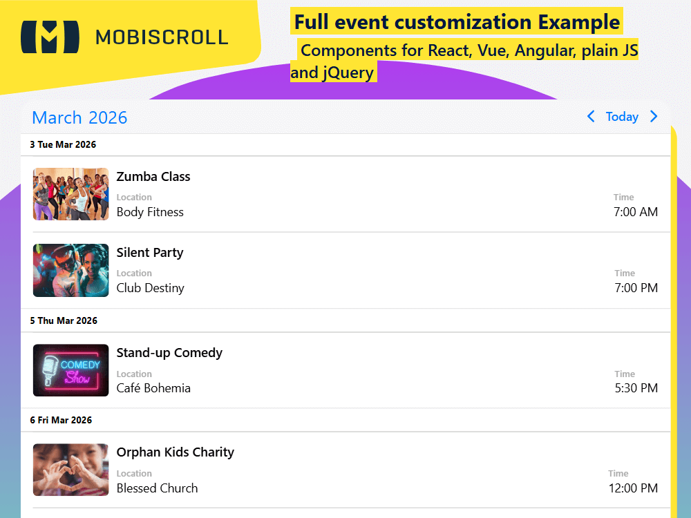 Create fully customized event cards in the Agenda. Redesign layout, add images, and display time or location for a branded look.