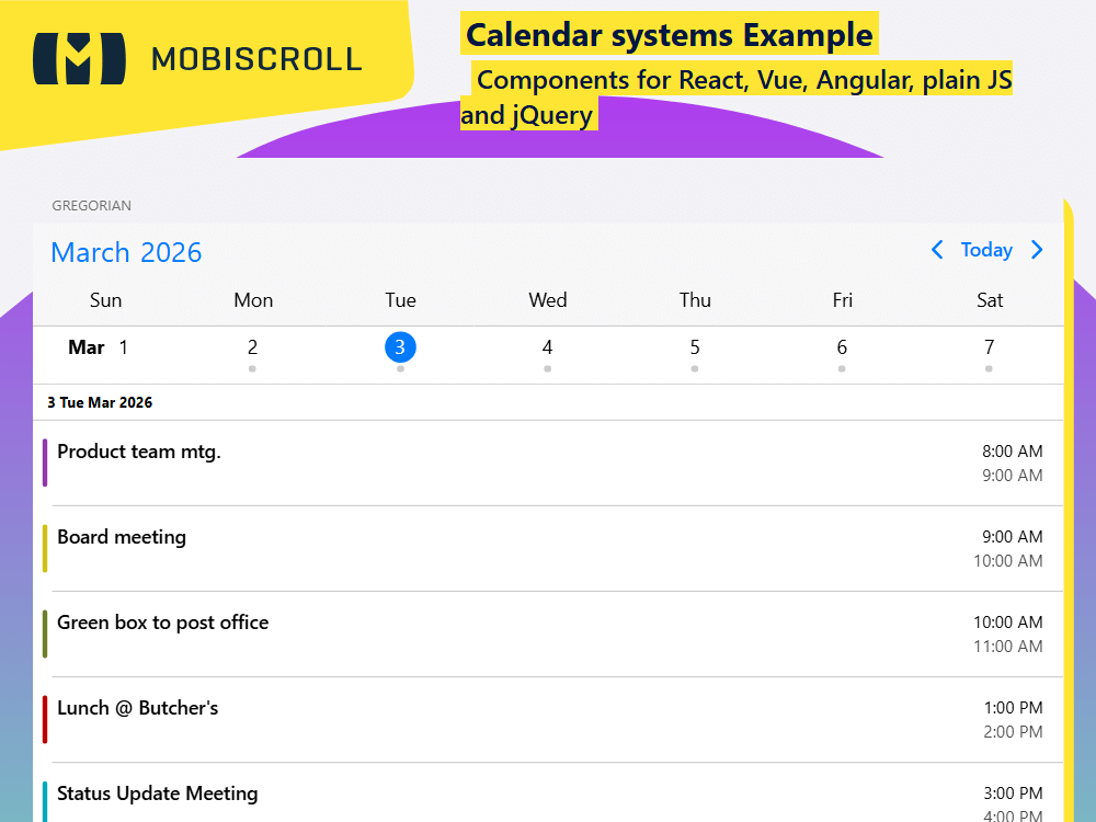 Agenda supporting Gregorian, Hijri, and Jalali calendars with full language and culture customization.