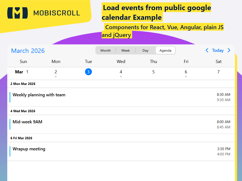 Load events from a Google Calendar into the Agenda. Display them dynamically on your website for easy sharing and automatic updates.