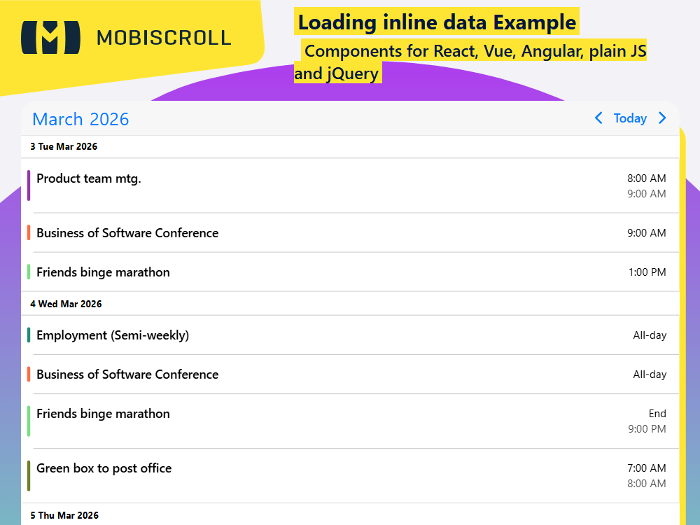 Load events in your Agenda using inline data. Add items from a local array for quick setup, testing, or demos.
