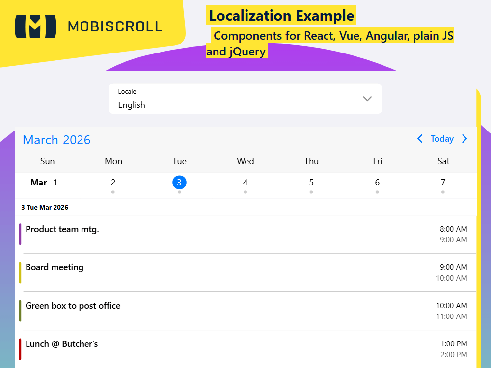 Agenda localization supporting 37 languages, custom date and time formats, and full RTL compatibility.