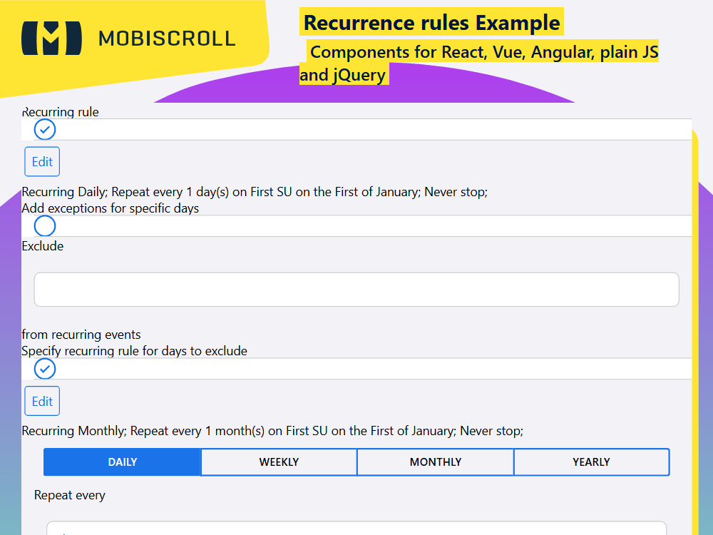 Automate repeating events in your Agenda. Define flexible recurrence rules using RRULE strings or event objects.