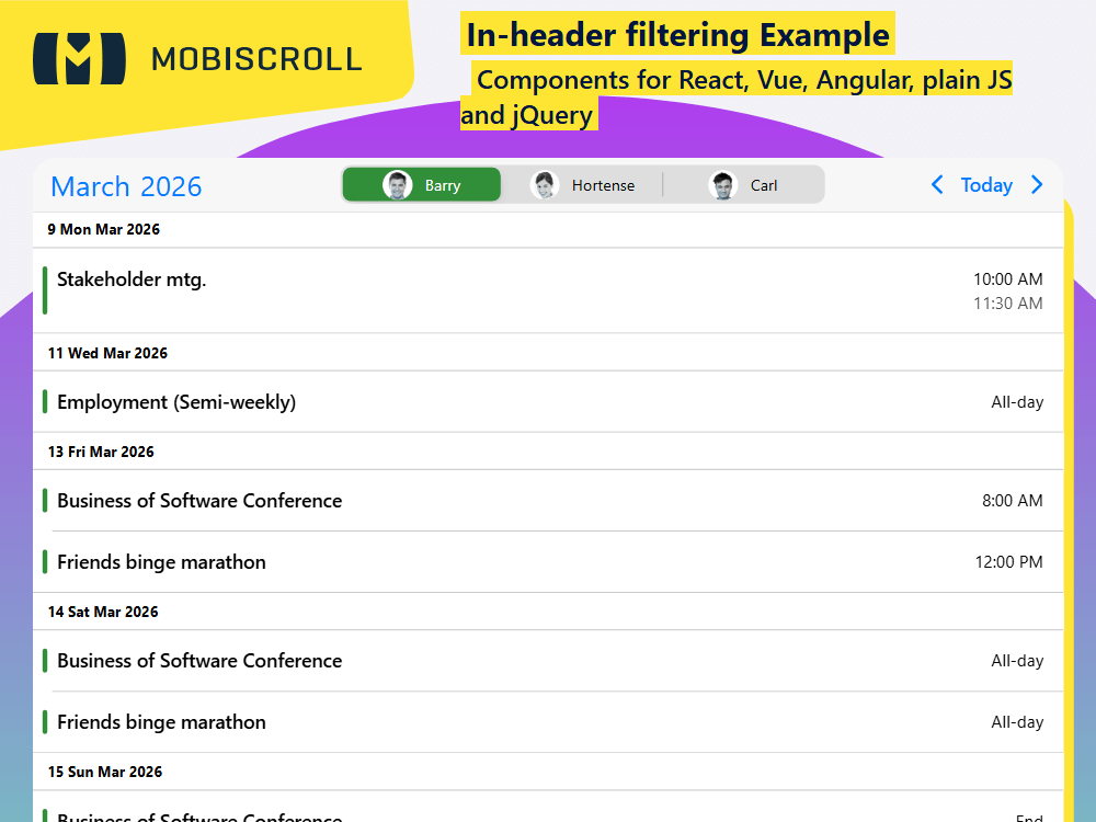 Agenda with in-header filters. Add assignee or category controls to refine event views directly from the header.