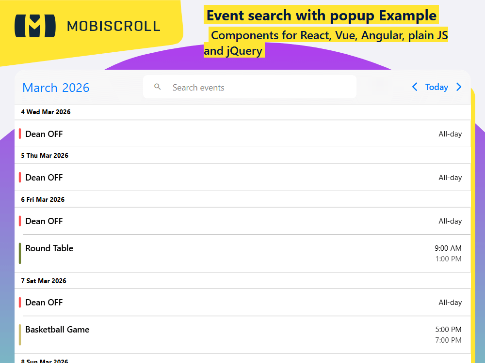Add event search and filtering to your Agenda. Use a popup to quickly find, view, or edit events without leaving the calendar.